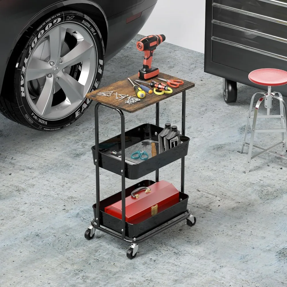 عربة أدوات دوارة بطبقتين مع عجلات قابلة للقفل وسطح خشبي - منظم تخزين المطبخ والحمام والمكتب