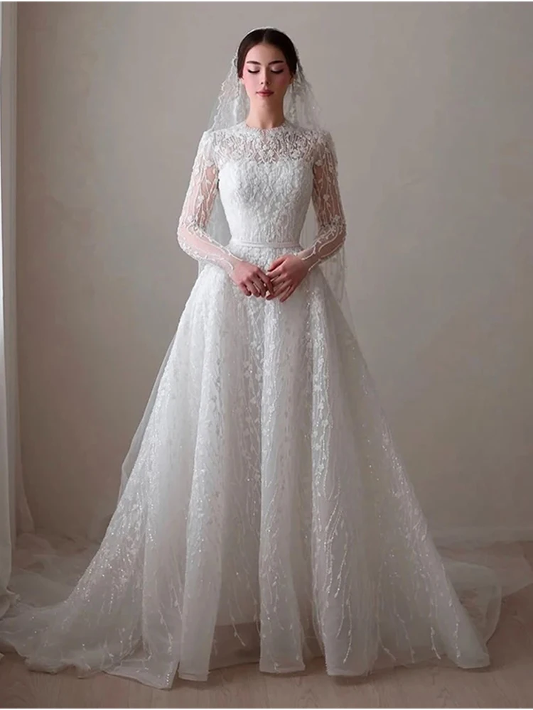 Vestido De Novia con purpurina, Organza con cuentas y bordado, corte en A, cuello alto, manga larga, Vestido De Novia personalizado