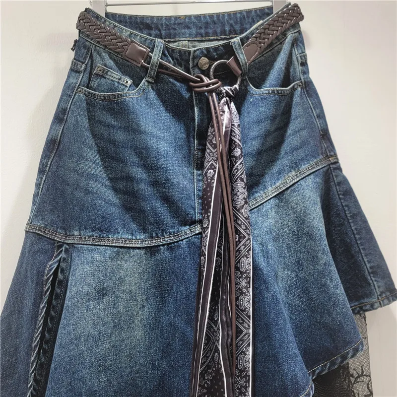 Renda retalhos cachecol cinto sereia saia jeans irregular para senhoras, 2025 outono novo nicho design saia