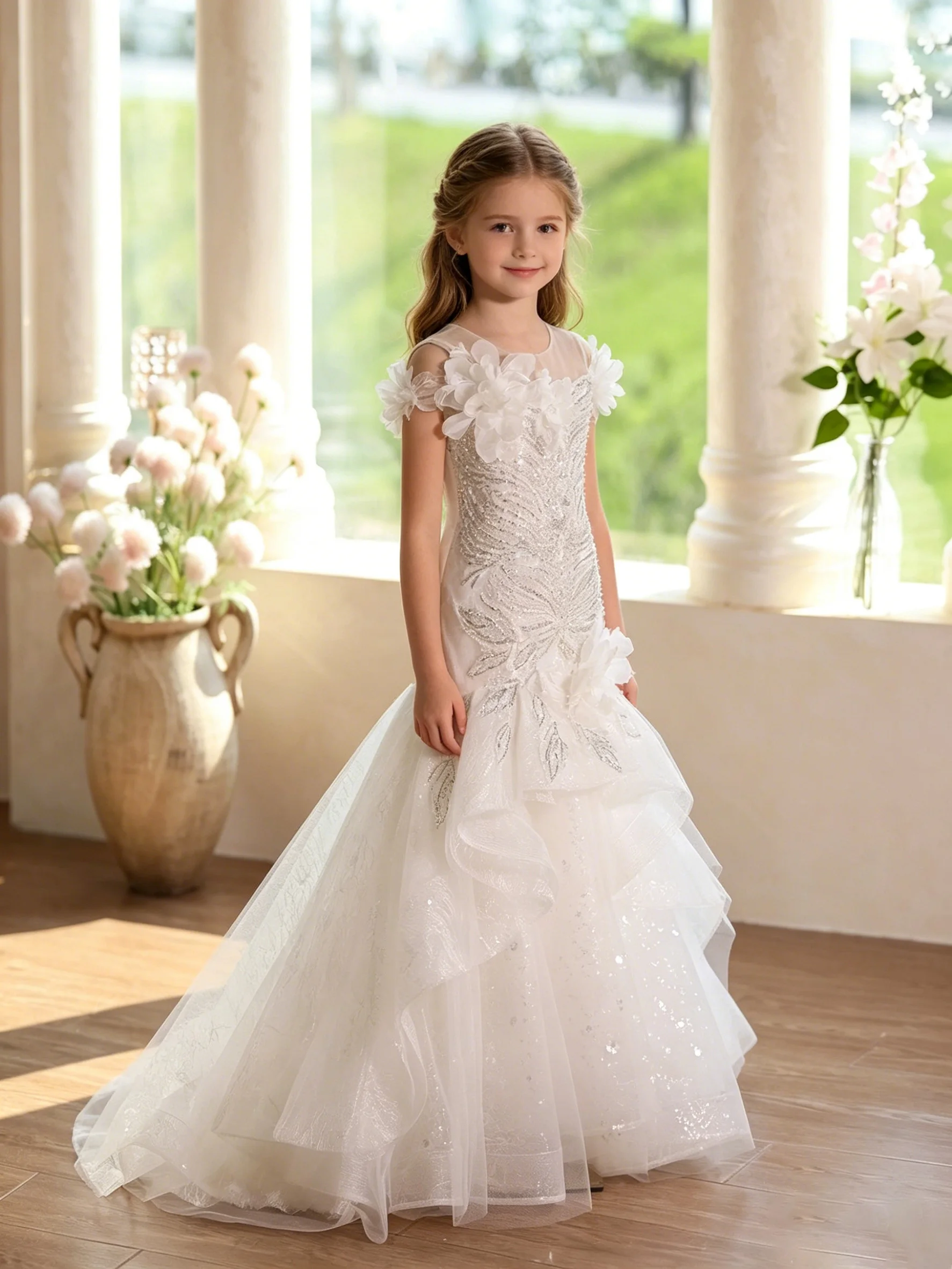 

2026 Elegant Mermaid Wedding Dress with 3D Flower Appliques Lace-up Back Sequined Tulle Bridal Gown Customizable Robe De Mariée