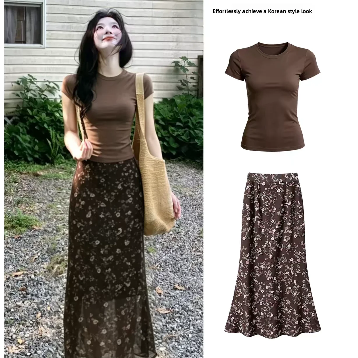 Brown Floral Halter Neck Short Sleeve Women's Dress Vintage Style Slim Fit mid Waist Skirt Two Piece Set Summer Beautiful Outfit