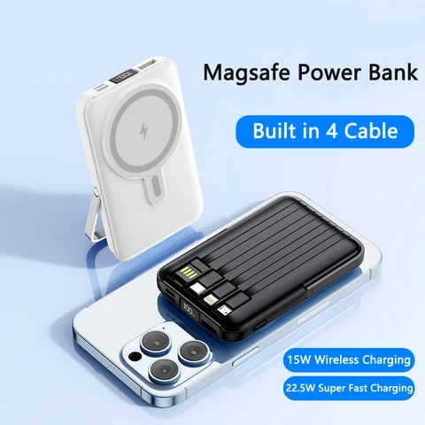 Магнитное Беспроводное зарядное устройство Magsafe, внешний аккумулятор 20000 мАч со встроенным кабелем для iPhone 15 14 Xiaomi Samsung, портативное индукционное зарядное устройство