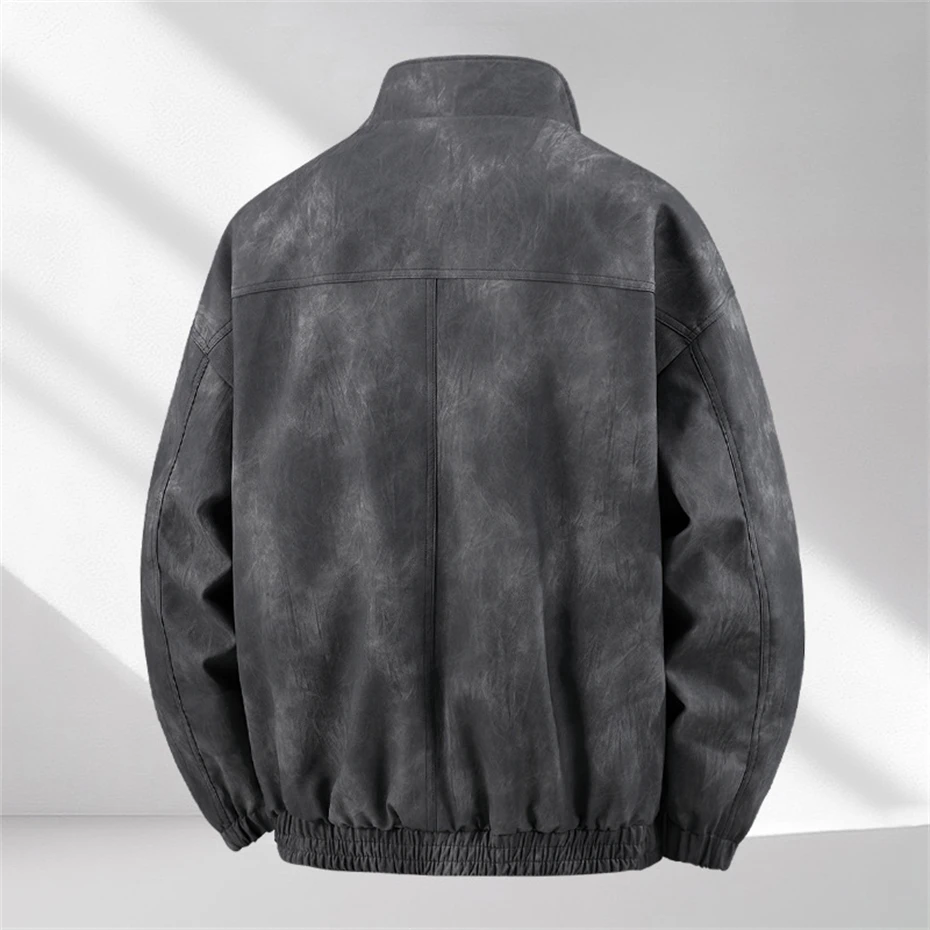 Vintage PU Jacket Men 12XL Plus Size PU Jacket Coat Tie-dye Design Fashion Casual Stand-up Collar PU Coat Male