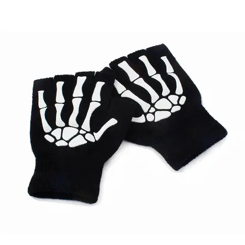 New Punk Gloves Unisex Halloween Skeleton Skull Half Finger Gloves Glow in The Dark Fingerless Stretch Knitted Winter Mittens