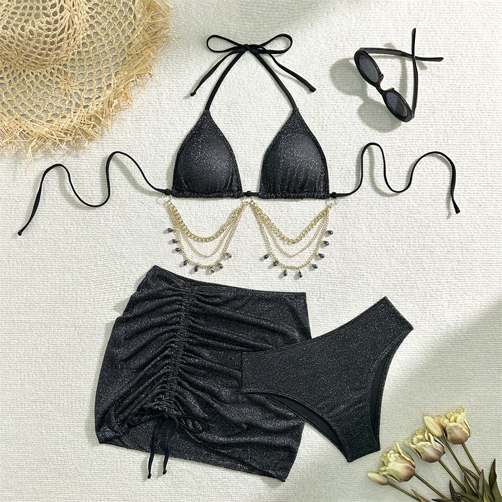 

Sexy Metal Chains Rhinestone Bikini Black Y2K Shiny Extrem String Backless Swimwear Women PushUp Swimsuit Beach Vacation Outfits