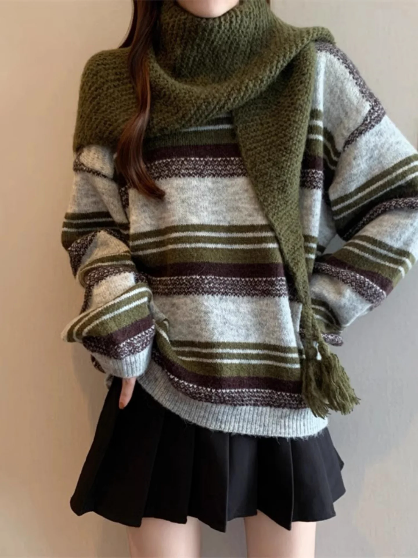 

Премиальный вязаный длинный свитер: мягкий, уютный, свободный крой, в полоску, осенне-зимний, женский, модный, больших размеров, комфортный топ