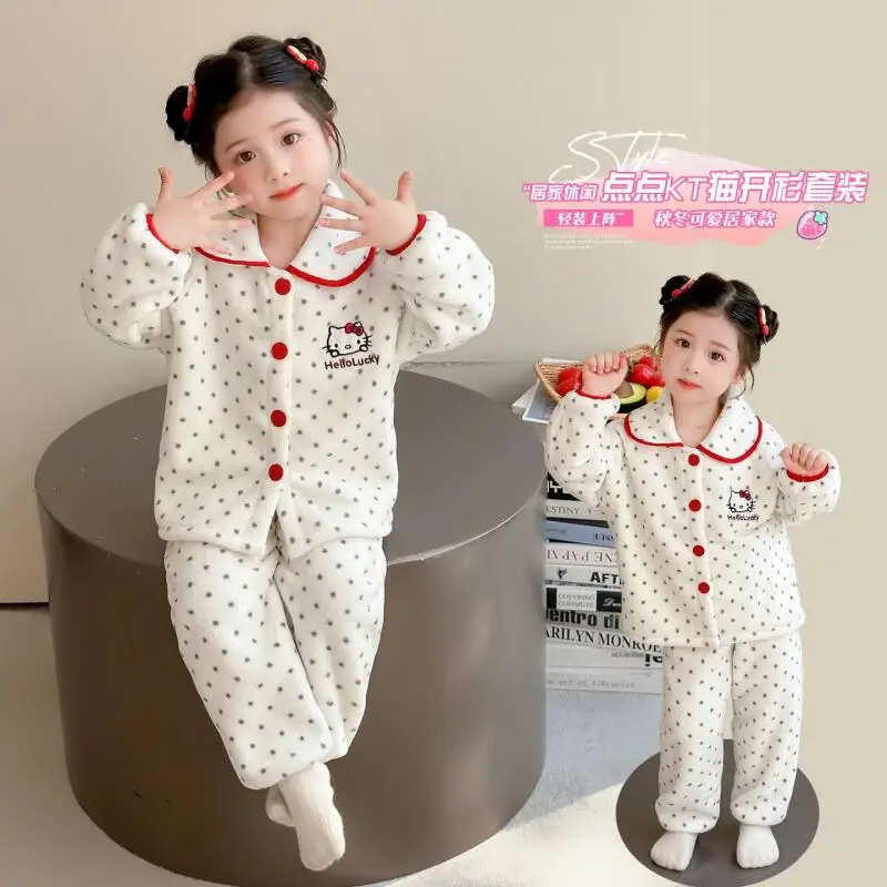 

Sanrios Hello Kittys Kids Pajamas 2Pcs New Style Girl Autumn Winter Baby Cartoon Polka Dots Home Clothes Can Be Worn Outside Hot