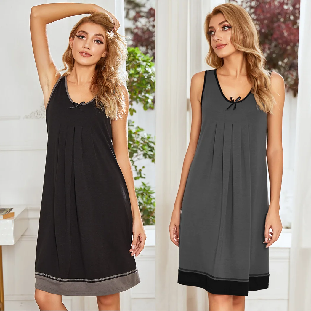 Women's Color Block Nightdress Cotton Like Sleepshirt Sleeveless Loungewear Dress Comfortable Casual Nightie Homewear Pajama Dre