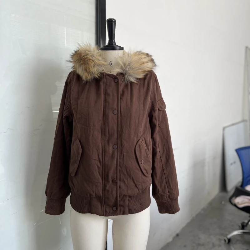 Jaqueta curta com capuz e zíper, gola de pele destacável, casaco sólido, inverno grosso, jaquetas femininas, solto, forrado de lã, casaco quente com zíper