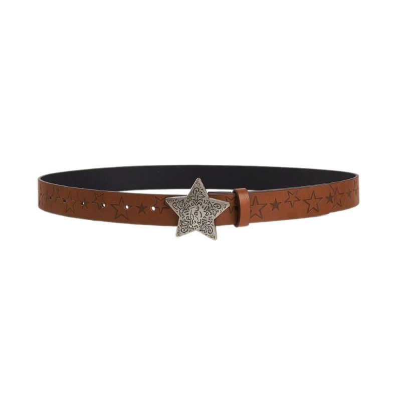 Cinturón con hebilla y diseño estrella Vintage para mujer, cinturón cuero sintético con grabado ajustable, DXAA