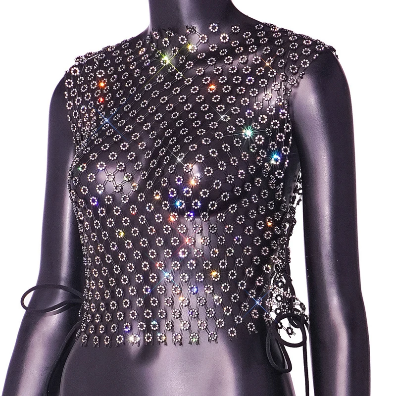 Damen Glitzerndes Blumen-Strass-Netz-Crop-Top Durchsichtiges Fischnetz-Tanktop Rückenfreies Schnür-Party-Clubwear Damen-T-Shirt 2026 – Detail 6