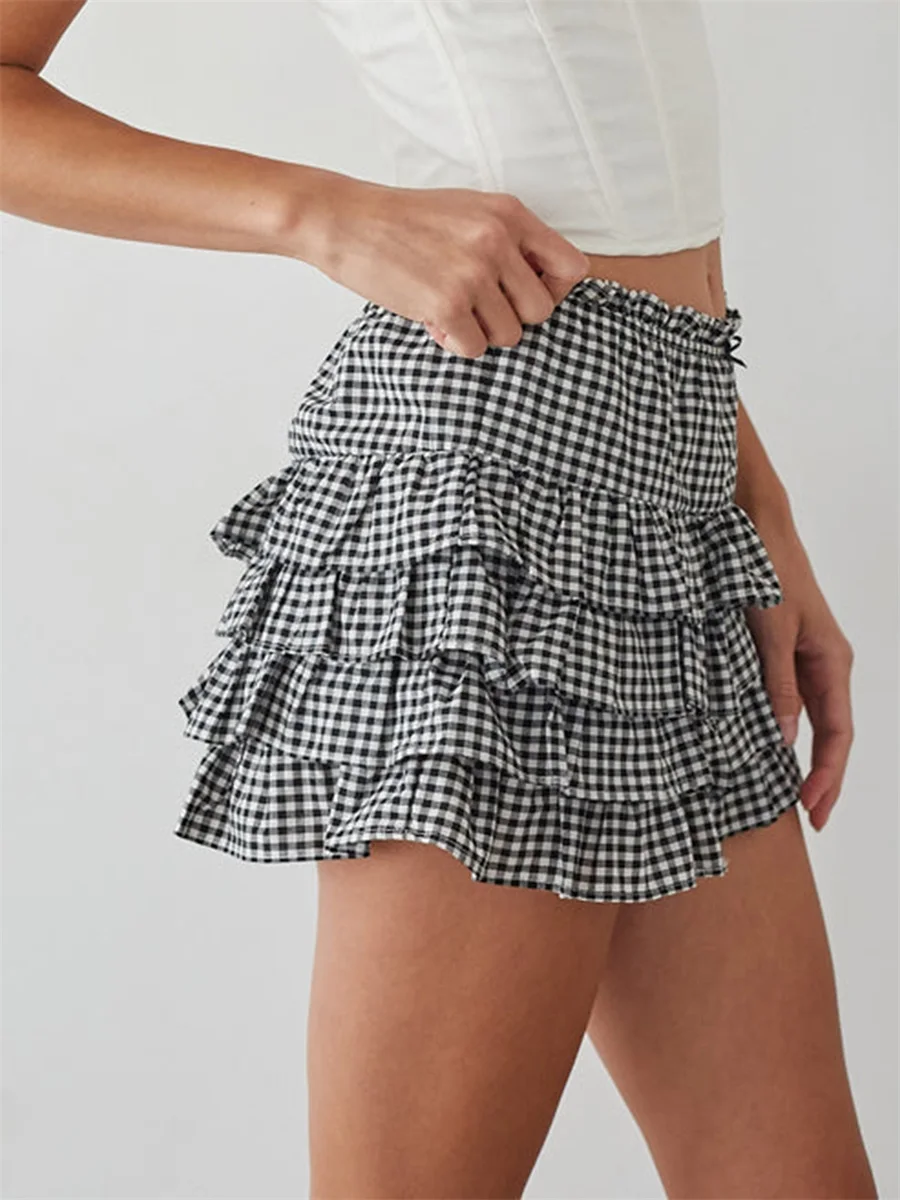 

New Fashion Women Skorts, Elegant High Waist Layered Summer Plaid Shorts Streetwear For Club Party Hot Sale S-XL