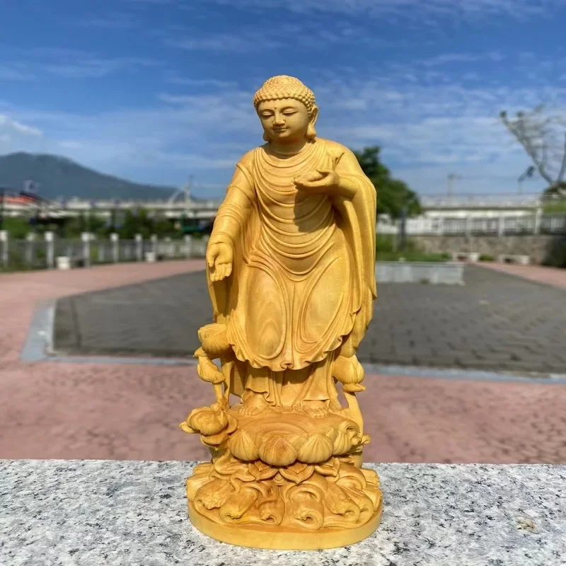 

Yellow Boxwood Hand Carved Amitabha Buddha Statue Figurine Zodiac Pig Dog Guardian Zen Buddhist Home Altar Temple Decor Gift