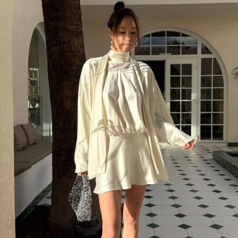 TARUXY Satin Lace-Up Wrinkles Dress Women's Fashion Sexy Crew Neck Loose Long Sleeves Solid Splicing Summer Short Dress Female