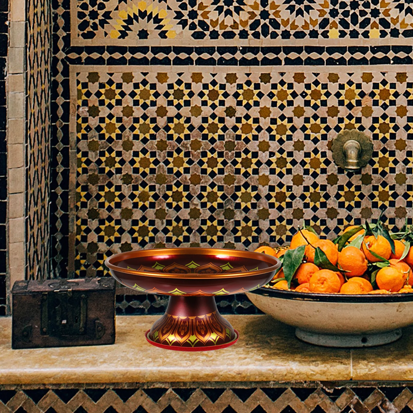 

1Pcs Dark Fruit Tray Temple Sacrifice Classic Buddha Tinplate Food Serving Tray Offering Plate Temple Supply