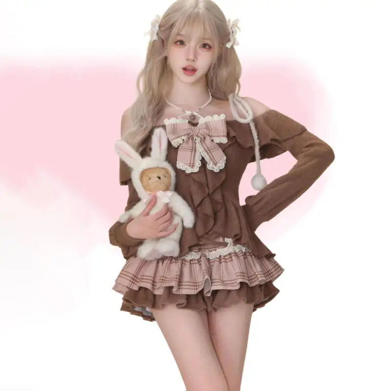 Japanese Sweet Lolita 2 Piece Set Women Kawaii Off Shoulder Bow Blouse Tops Plaid Cake Mini Skirt Girls Y2K Fashion Slim Outfits