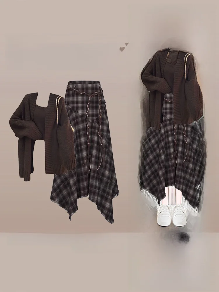 

Early Autumn Unique Knitted Cardigan And Tank Top Set with Skirt for Women Lazy Sle Cheered Skirt Two Piece Set