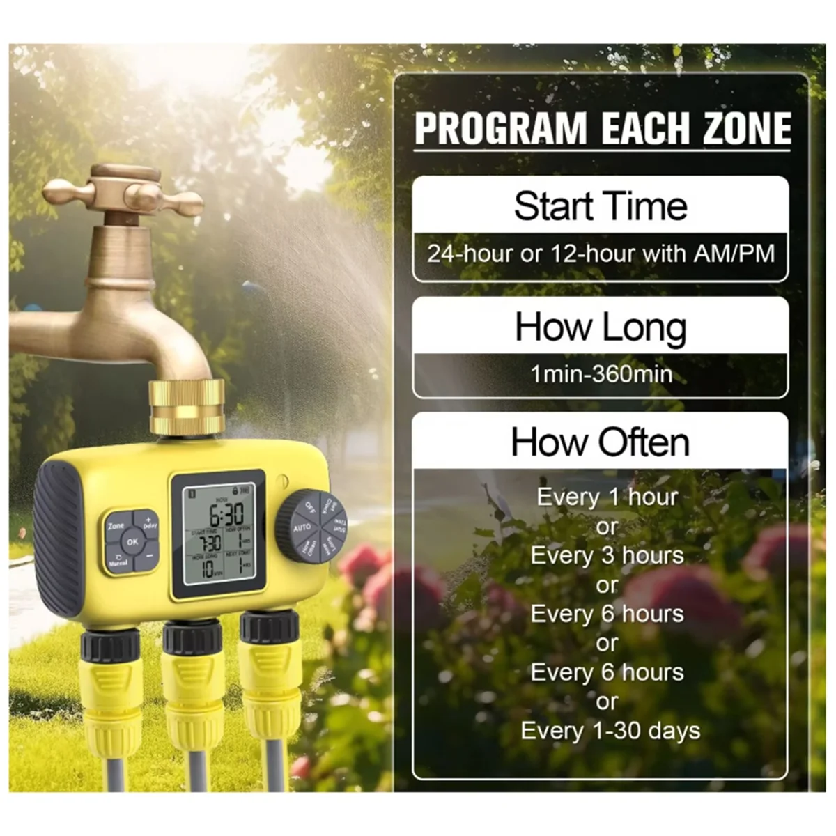 A002 Temporizador de agua automático de 3 salidas Sistema de riego de jardín Herramientas de programador de aspersores de Control