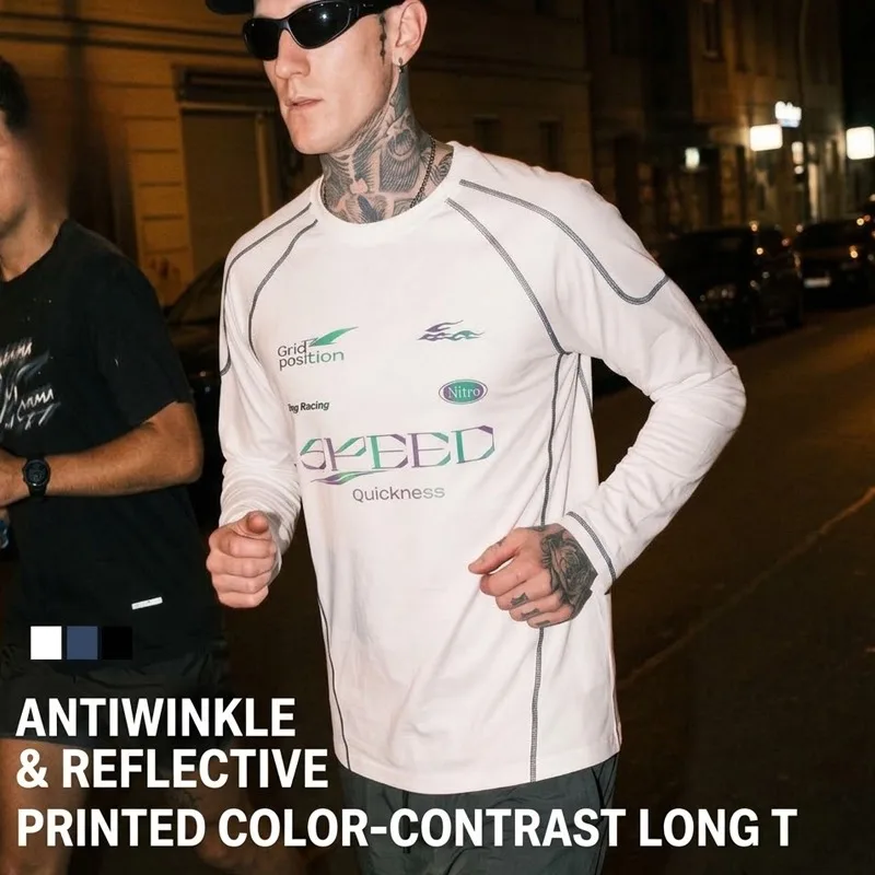 Men's Retro Racing Graphic Long Sleeve Tee - Streetwear Colorblock Print T-Shirt with Anti-Wrinkle Fabric for Autumn Fashion