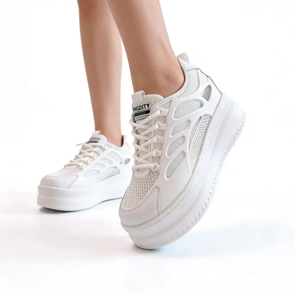 

9cm Height Increasing Shoes Women Platform Sneakers White Shoes Breathable Mesh Ladies Casual Mesh Shoes D934