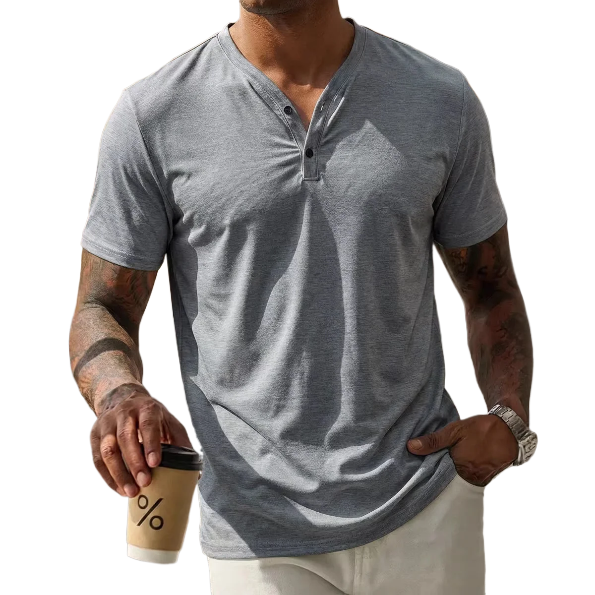Summer-New-Men's-V-Neck-Henley-Short-Sleeve-Polo-Shirt-Men's-Solid-Color-Casual-Short-Sleeve-Button-Placket-Daily-Commute-Basic