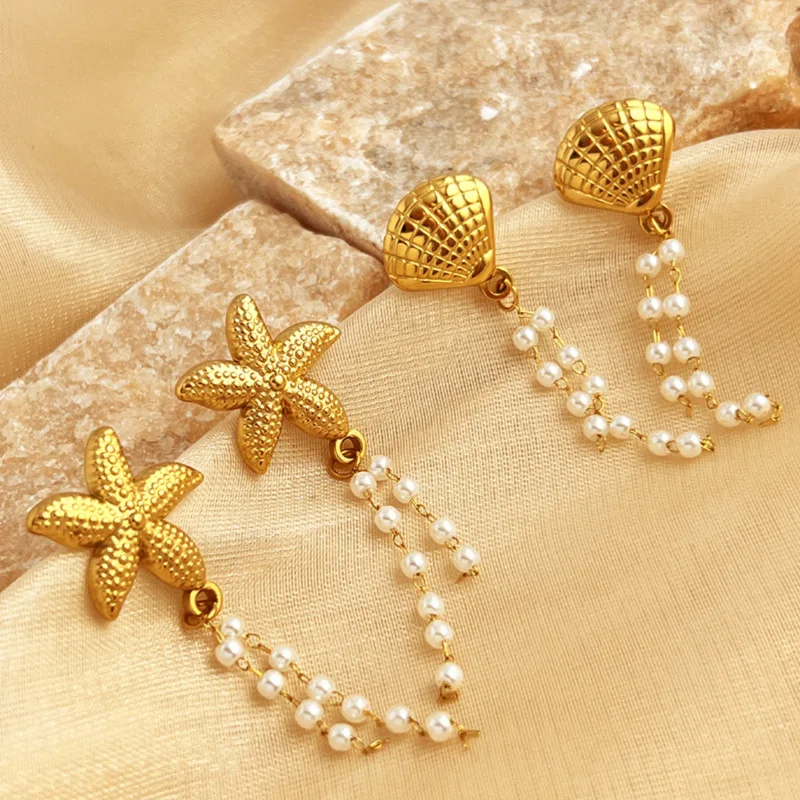 Ocean Series Starfish Shell Dangle Earrings for Women Exquisite Simulated Pearl Zircon Drop Earring Summer Beach Party Jewelry