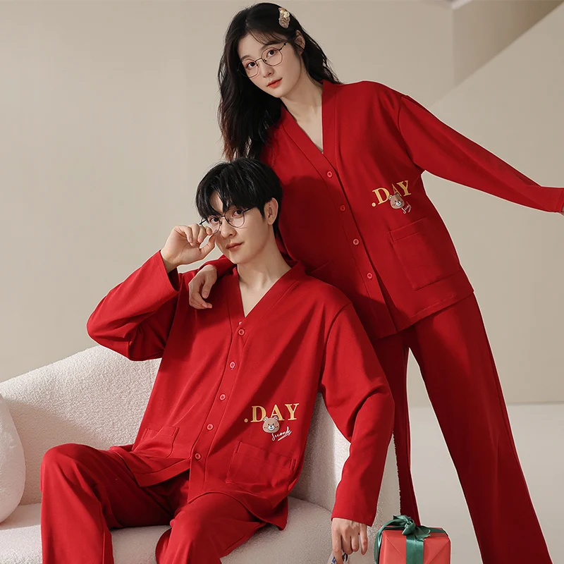 Red couple pajama set all cotton cardigan V-neck cute cartoon letter print on the back men and women\'s spring and autumn pajamas