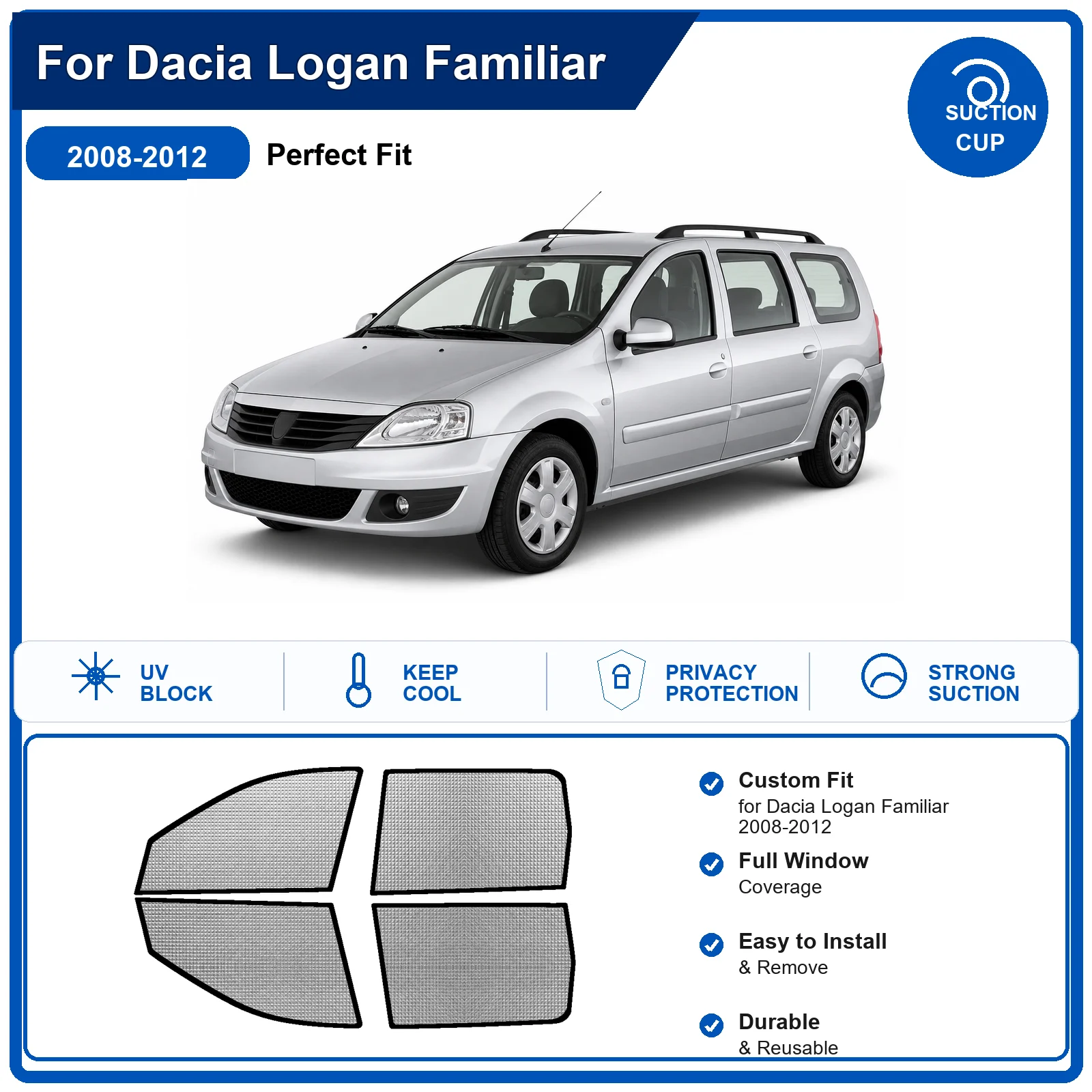 For Dacia Logan Familiar 2008-2012 Custom Full Set Windshield Sun Shade Aluminum Foil Heat Insulation Anti UV Foldable