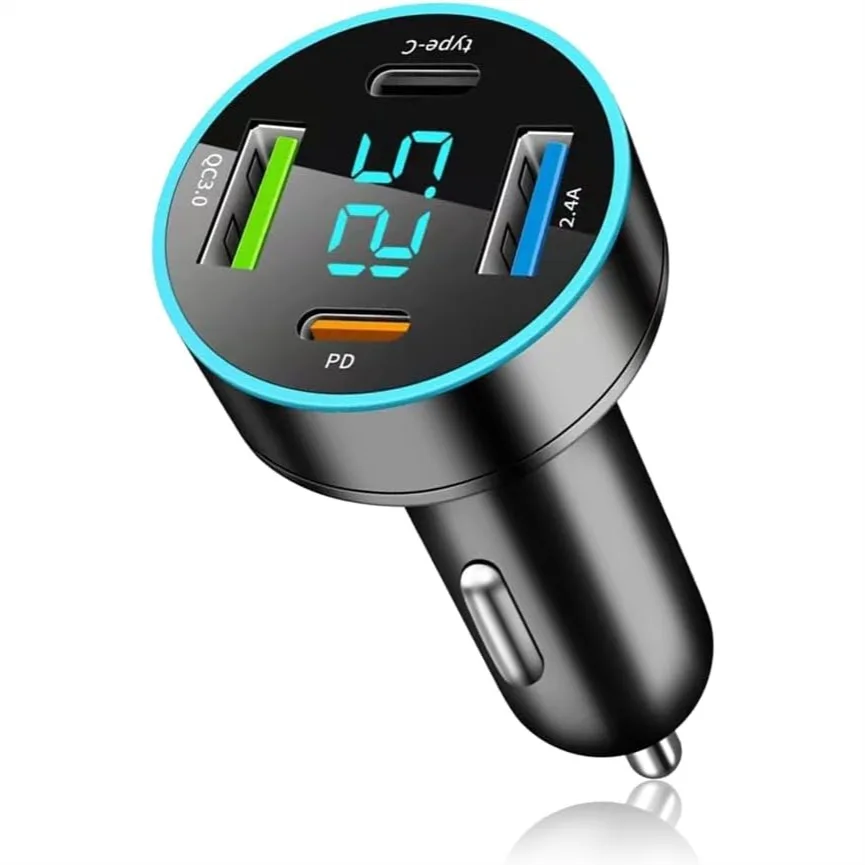 

Fast Car Charger with Voltmeter Display, PD+QC3.0+USB C Ports for iPhone/Android/Samsung/iPad, Compatible with 12-24V Cigarette