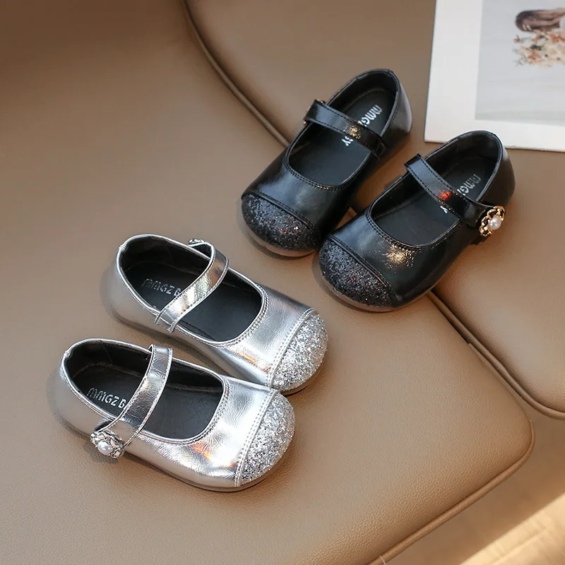 Kids Mary Janes Girls Soft Flats Silver Black Color Narrow Square Toes Comfortable Children School Party Wedding Shoes 16-25 New