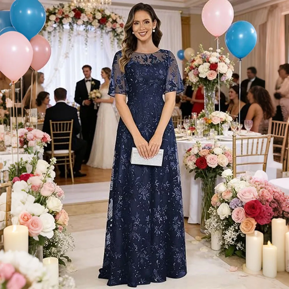 Lace Long Mother of The Bride Dresses for Women Formal Evening Party Gowns with Sleeves