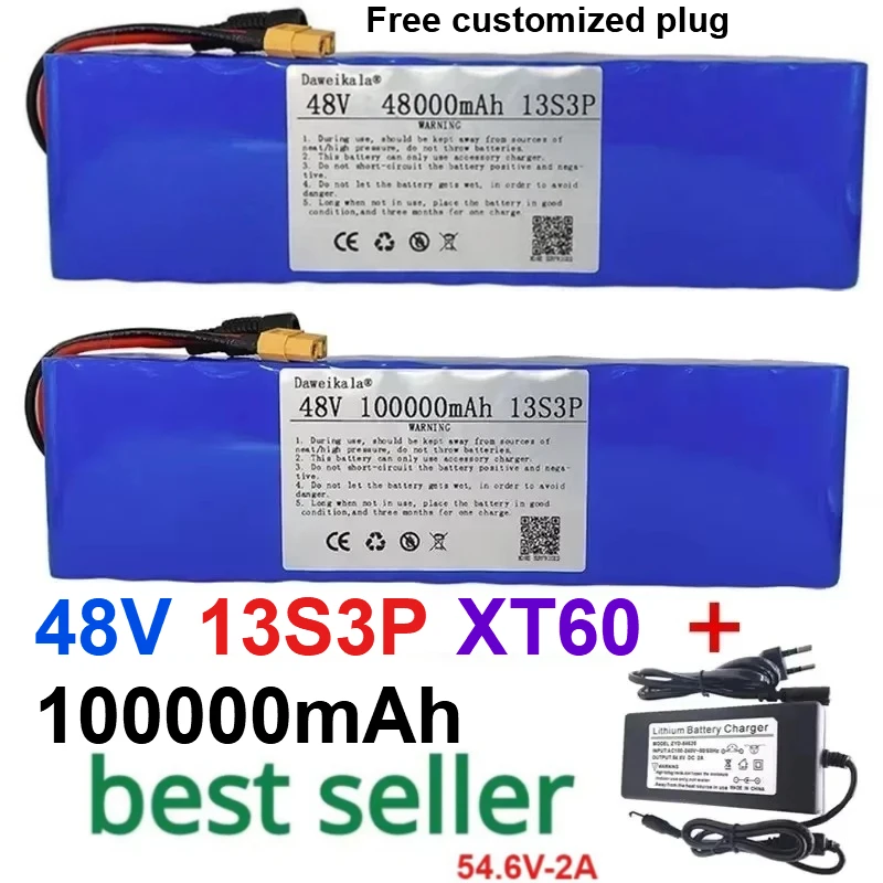 2025 جديد 48 فولت 1000 واط 13S3P XT60 48 فولت بطارية ليثيوم أيون 100000 mah لسكوتر الدراجة الكهربائية 54.6 فولت مع BMS + شاحن #1