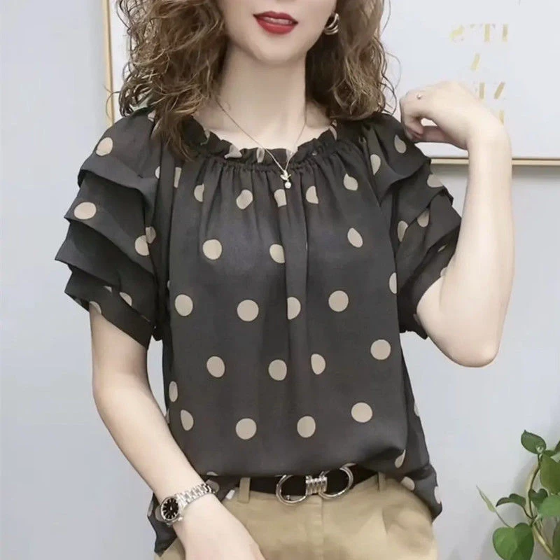 Vintage Ruffles O Neck Short Sleeve Print Fashion Chiffon Blouse Women Summer Casual Sweet Chic Shirts Loose Top Female Clothing