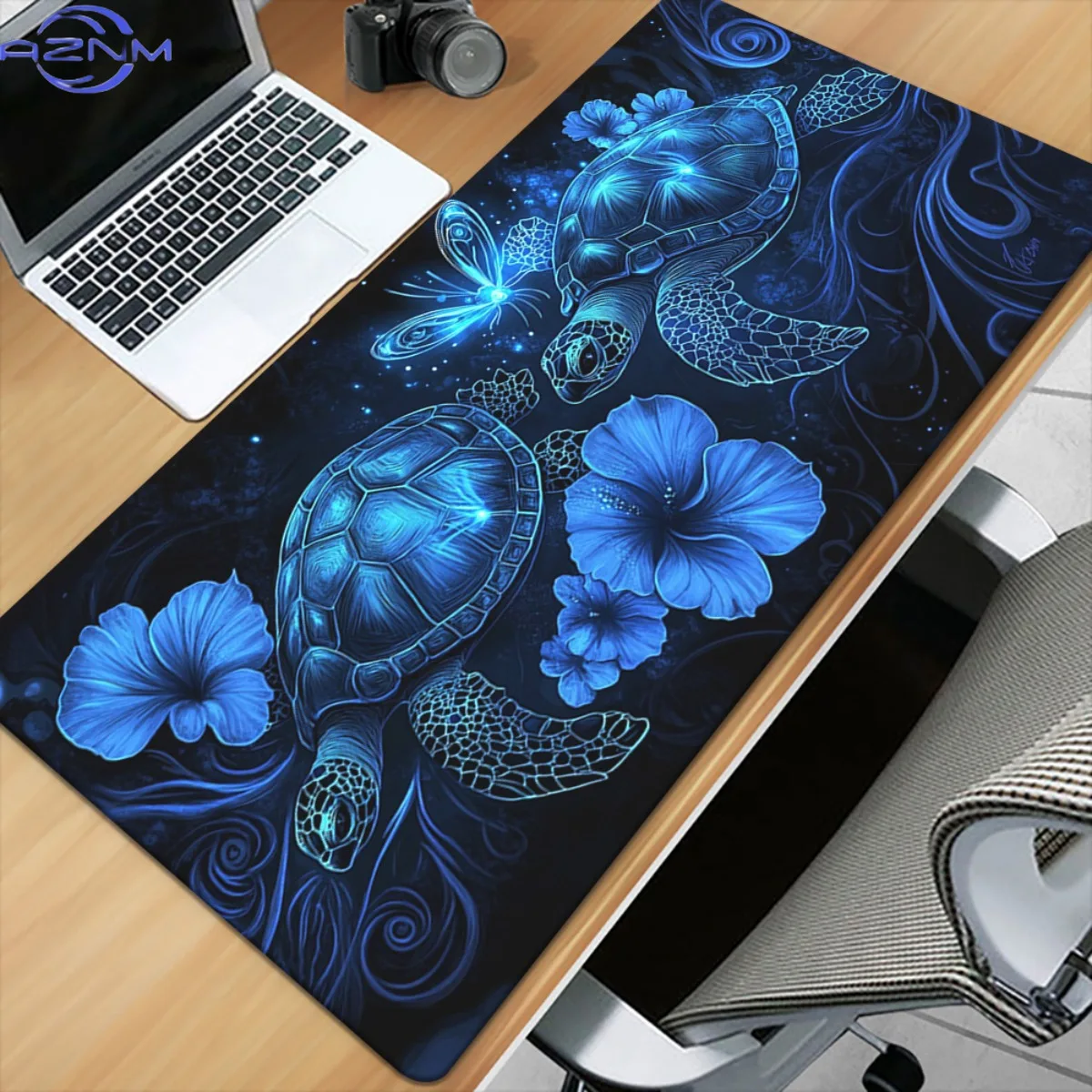 1pc XXL Turtle & Blue Flower Design Desk Mat - HD Printed Rubber Mouse Pad for Gaming & Office, Multi-Functional Keyboard & Mous