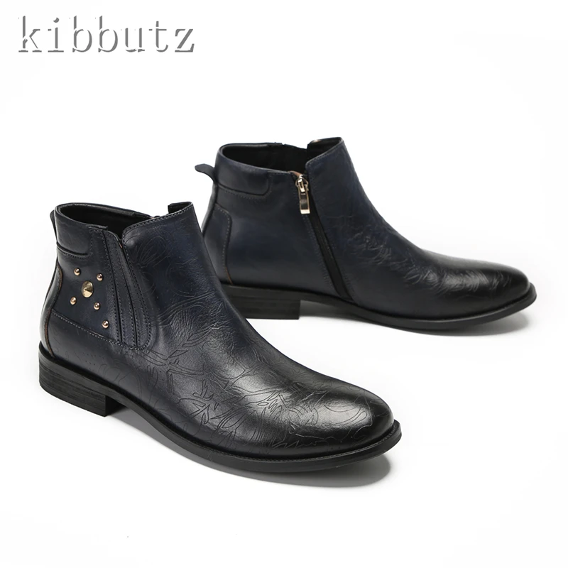 

Men Black Carving Chelsea Short Boots Wedding Business Formal Dress Shoes Round Toe Genuine Leather Rivets Ankle Boots