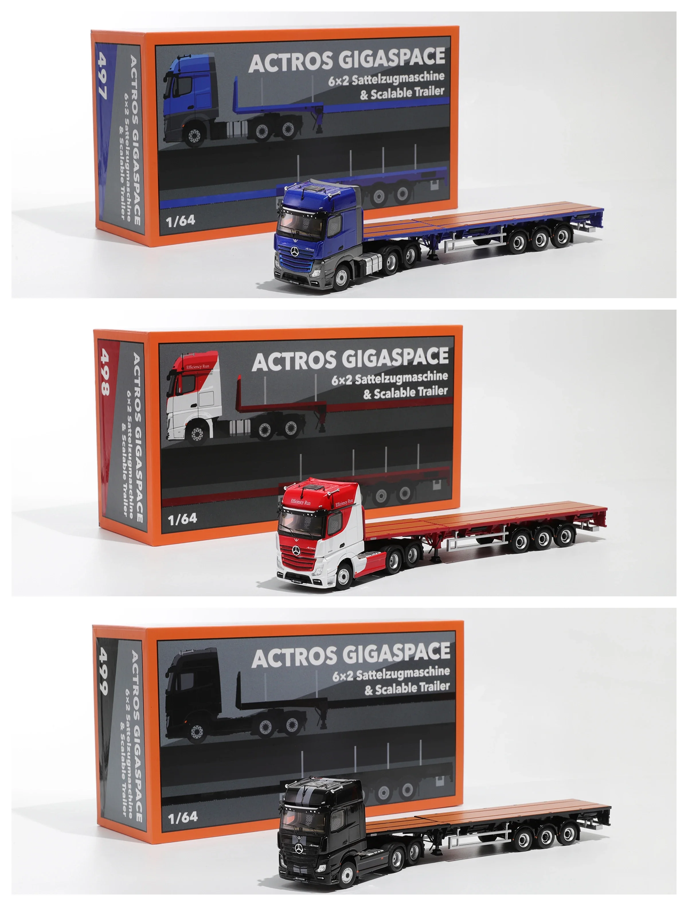 

Diecast Car Model G.C.D. Actros Gigaspace 6x2 Sattelzugmaschine & Scalable Trailer 1:64 497# 498# 499#
