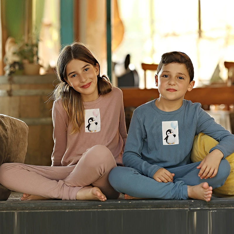 AA AW26 Little Arctic Dream Pajamas Set for Kids 2pcs Modal Ribbed Blue & Pink Boys And Girls Clothing Set