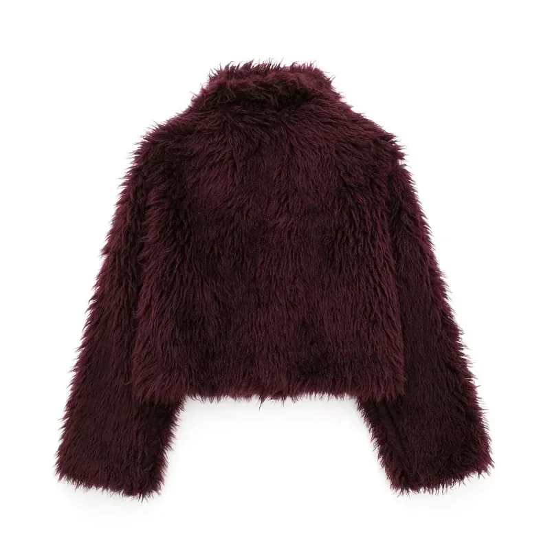 Deep Red Faux Short Jacket with Plush Collar Fashionable Versatile Fake Fur