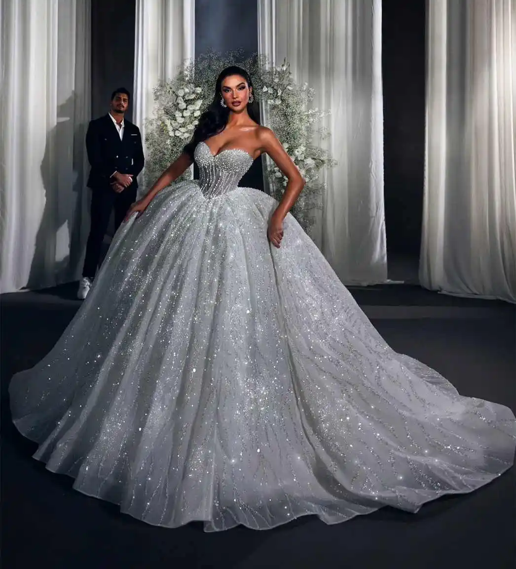 Vestido de novia lujoso sin tirantes con perlas, vestido de baile elegante con cuentas y lentejuelas, vestido de novia personalizado con tren de barrido, vestidos de novia