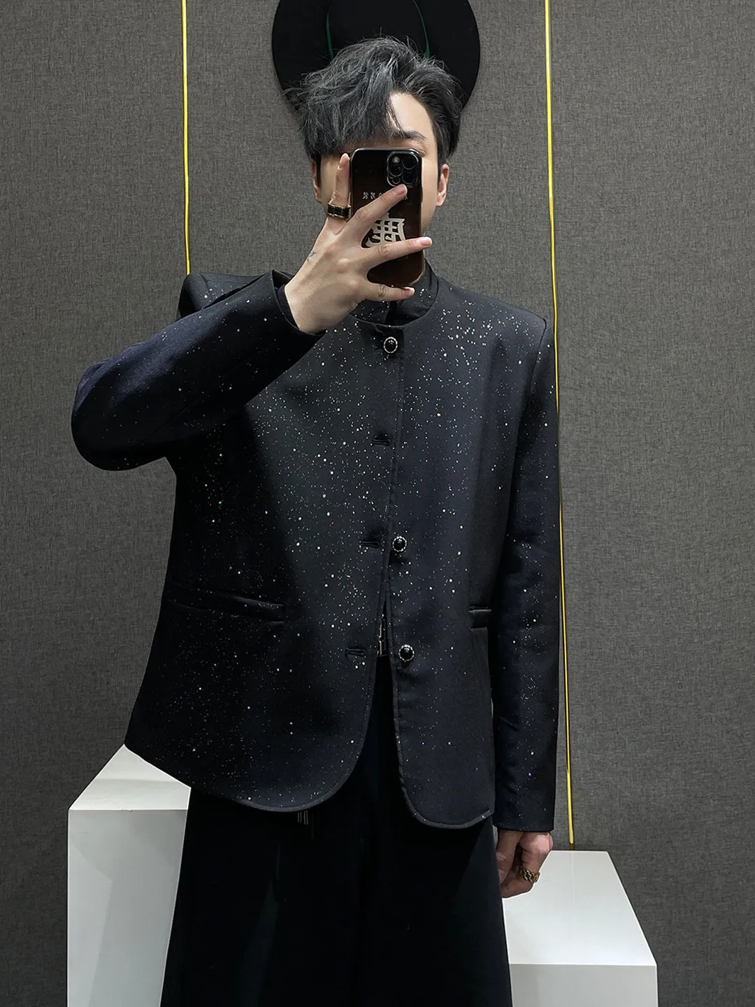 

New Chinese Style Black Sequin Stand Collar Men's Suit Jacket Breathable Casual Western Clothes Polyester Fiber Adult Daily Wear
