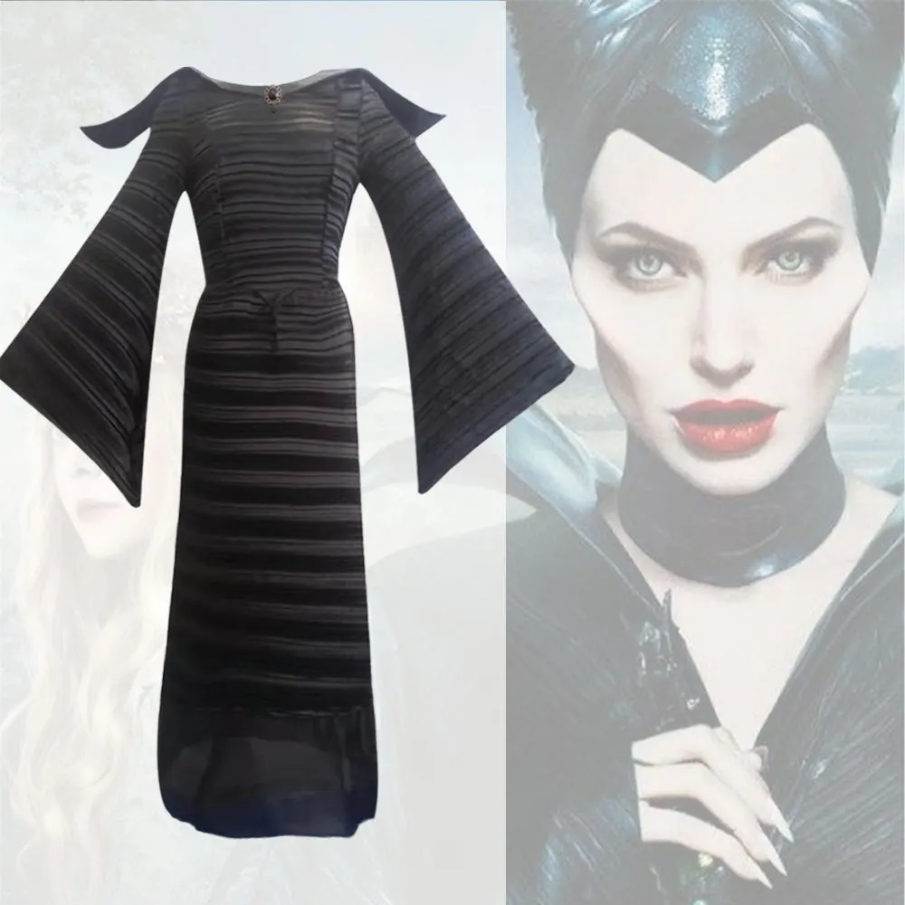 Maleficent Dark Witch Flare sleeve Dress Cosplay Costume Halloween Masquerade Carnival Dress Up Party Outfits for Women