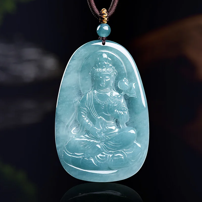 Natural A-grade Blue Water Jadeite Pendant Bodhisattva Mahasthamaprapta (Guan Yin) Zodiac Horse Guardian Deity Personal Jewelry