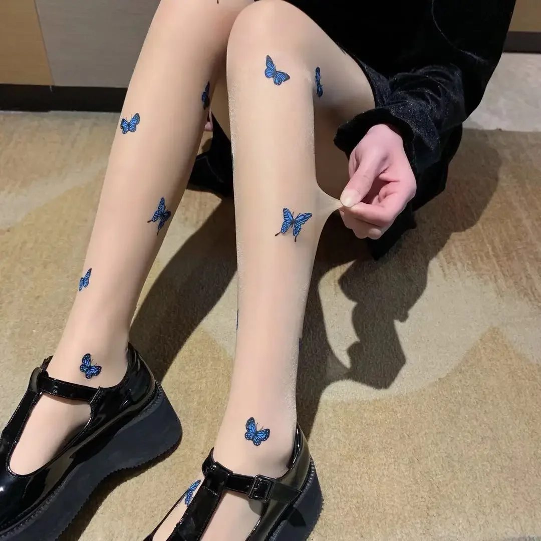 Bas en soie papillon bleu, chaussettes de dessin animé Lolita printemps été Loli Cosplay, legging moulant et Sexy