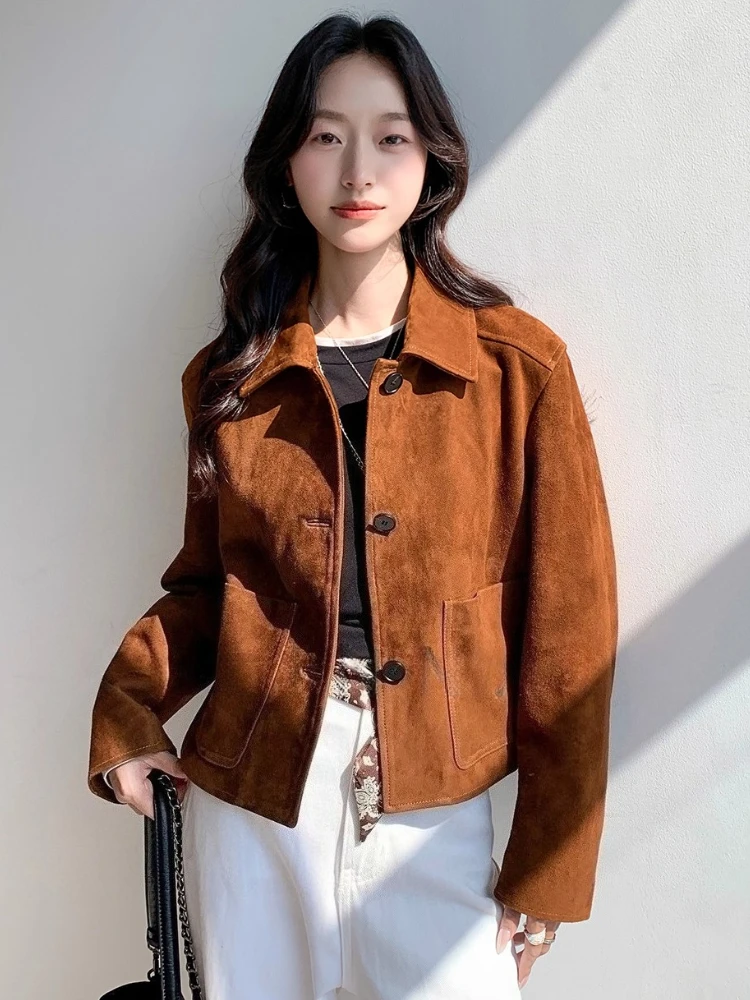 แจ็คเก็ตหนังแท้สไตล์วินเทจสำหรับผู้หญิง ฤดูใบไม้ร่วง ฤดูหนาว 2025 รุ่นใหม่ ระดับไฮเอนด์ เรียบง่าย สบายๆ ทำจากหนังแพะแท้