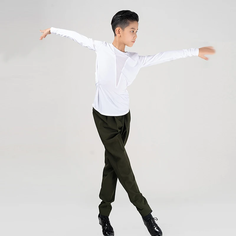 2024 New Latin Dance Performance Costumes Boys V-Neck Mesh Tops Black Pants Suit Kid\'s Rumba Tango Dance Training Clothing XH948