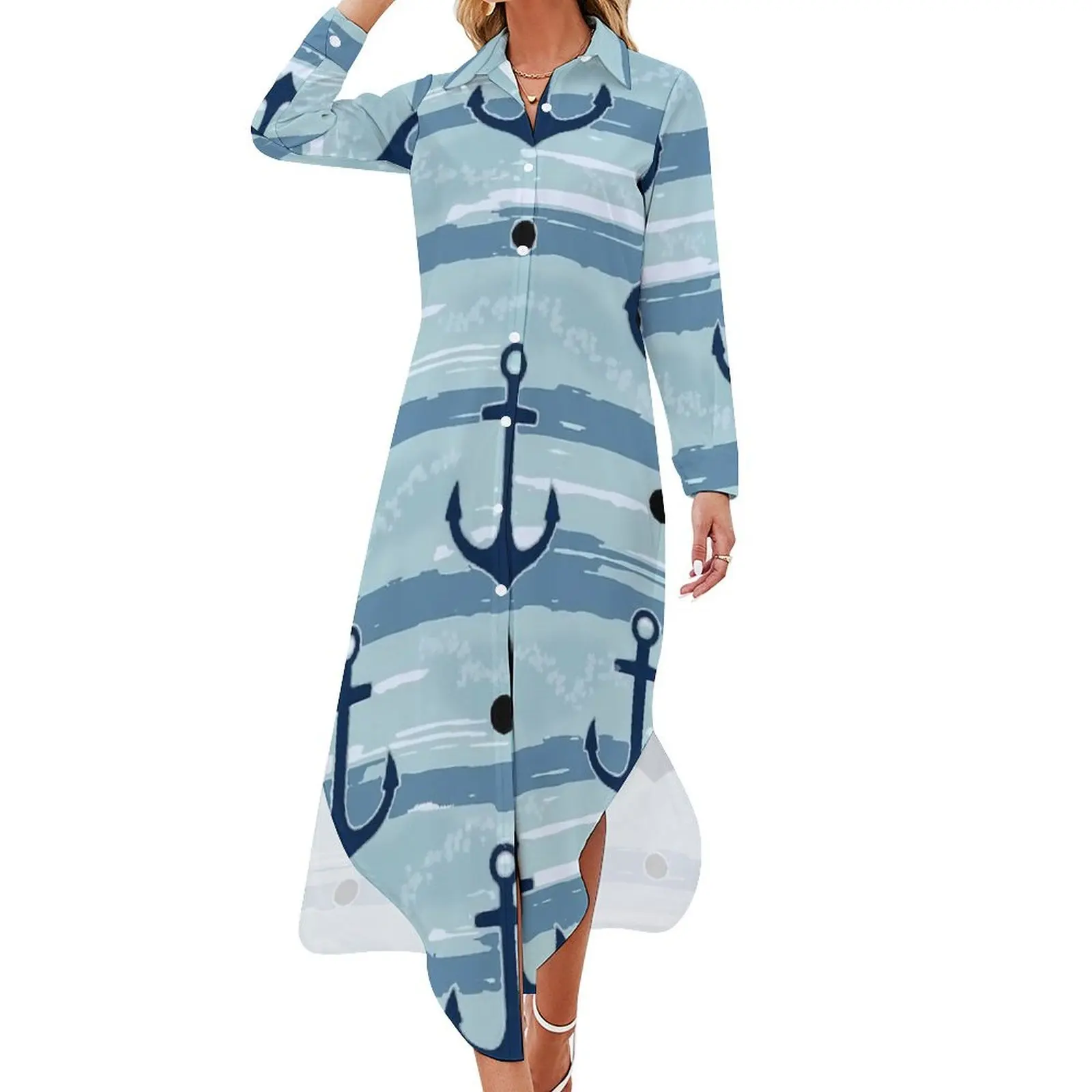 Nautical Anchor Casual Dress  Street Fashion Dresses Long Sleeve Modern Women V Neck Design Oversized Chiffon Dress