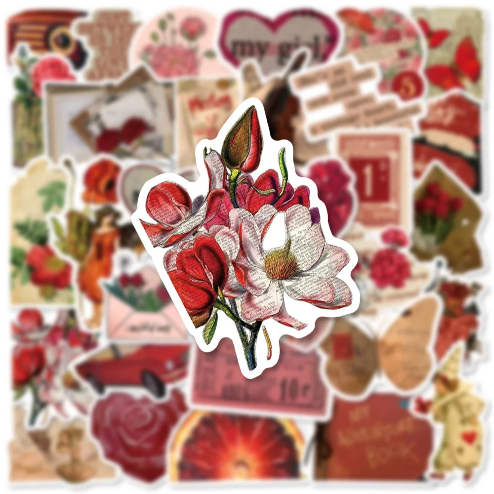 10/30/50 Stuks Vintage Rode Kunst Esthetische Stickers Rose Meisje Decoratie Waterdicht Diy Telefoon Koffer Waterfles graffiti Decals