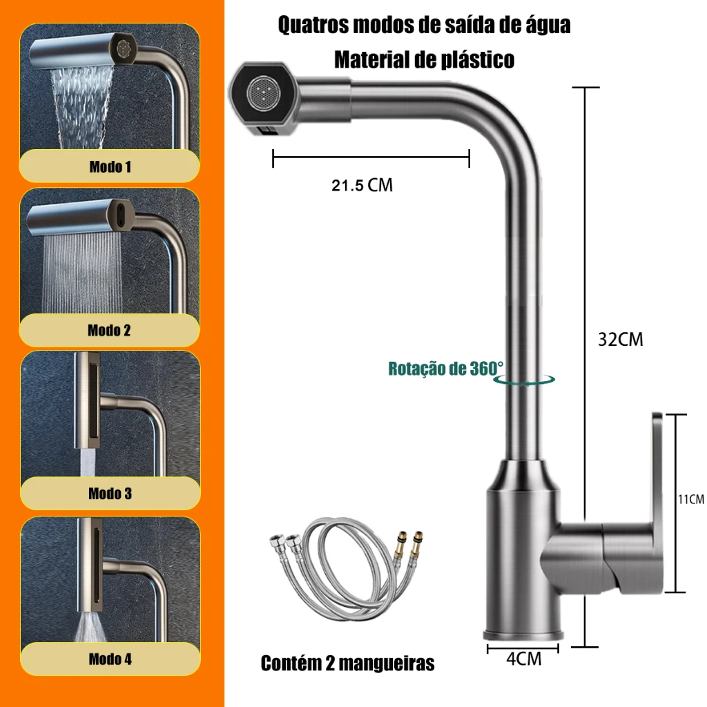 Torneira Banheiro de metal espesso quatro modos de saída de água rotação de 360 graus