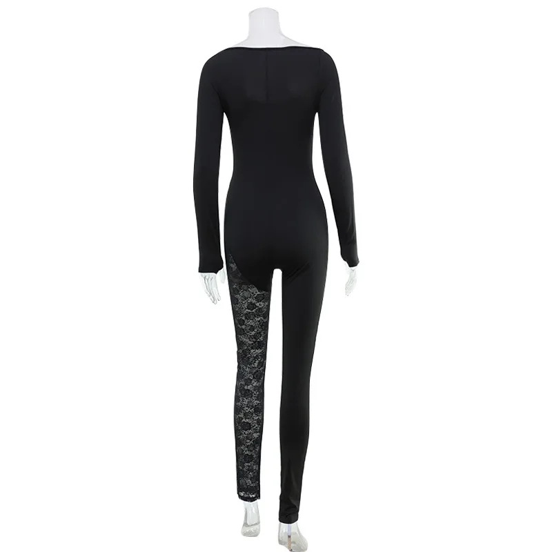 See Through Lace Patchwork Skinny Jumpsuits Women Sexy Square Neck Long Sleeve Booty Lifting Slim Club Party Overalls Streetwear