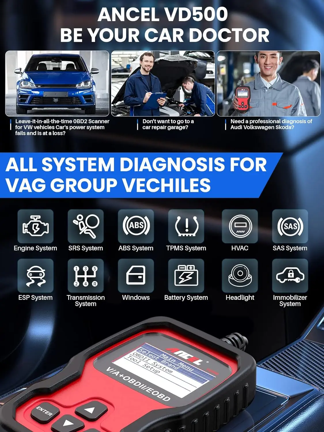 Ancel VD500 OBD2 Car Diagnostic Tools Full System Airbag EPB Oil Reset Code Reader OBD 2 Car Scanner for VAG VW Audi Skoda Seat